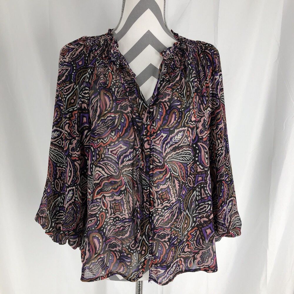 Sanctuary Blouse Womens XS Black Pink Floral Long Sleeve Boho Gauzy Top